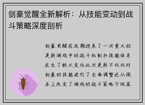 剑豪觉醒全新解析：从技能变动到战斗策略深度剖析